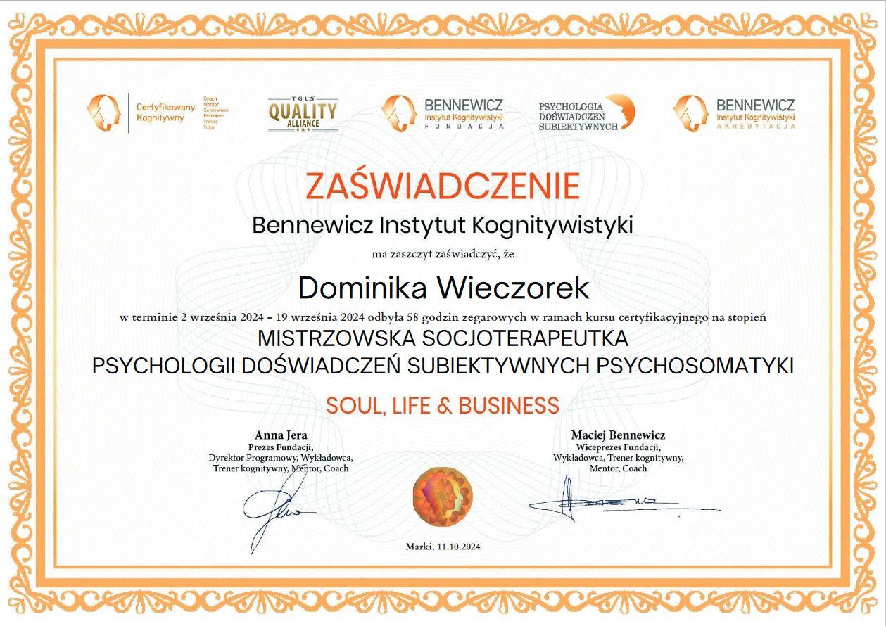 Zaświadczenie o odbyciu kursu Socjoterapeutki